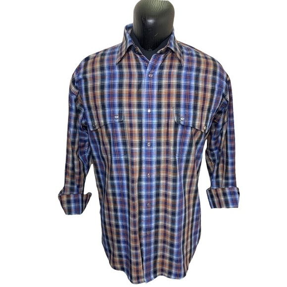 Leo Chevalier Design Western Plaid Button Up Shirt Clear Snap Sz M Blue Brown - Picture 2 of 10